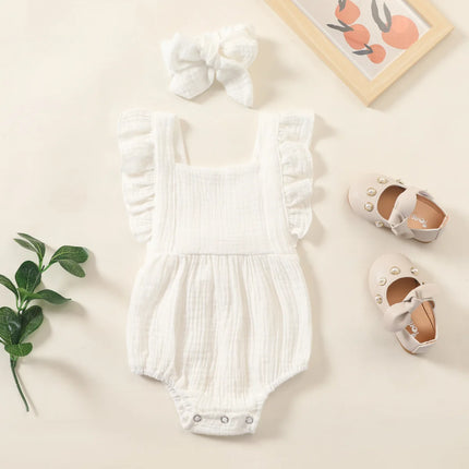 Zomer Pasgeboren Baby Baby Meisjes Romper + Hoofdband Mousseline Mouwloze Rompertjes Kinderen Een Stuk Mode Baby Kleding