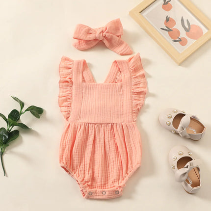 Zomer Pasgeboren Baby Baby Meisjes Romper + Hoofdband Mousseline Mouwloze Rompertjes Kinderen Een Stuk Mode Baby Kleding