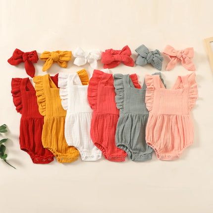 Zomer Pasgeboren Baby Baby Meisjes Romper + Hoofdband Mousseline Mouwloze Rompertjes Kinderen Een Stuk Mode Baby Kleding
